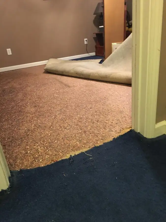 Carpet pad removal revealing water damage during Drying & Dehumidification in Birmingham